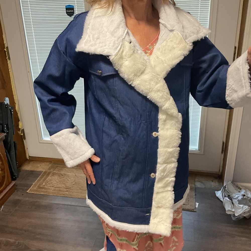 NWOT Winter Fluffy Fleece Lined Denim Jean Jacket Button Down Warm Denim Coat L